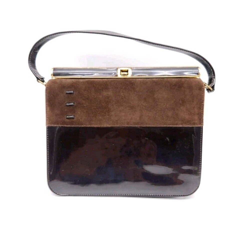 Vntg 1960 Purse Airstep Brown Patent Leather Faux Suede Gold Tone Trim Clasp.